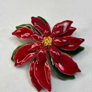 Vintage Red & Green Enamel Poinsettia Flower Brooch Pin With Gold-Tone Accents